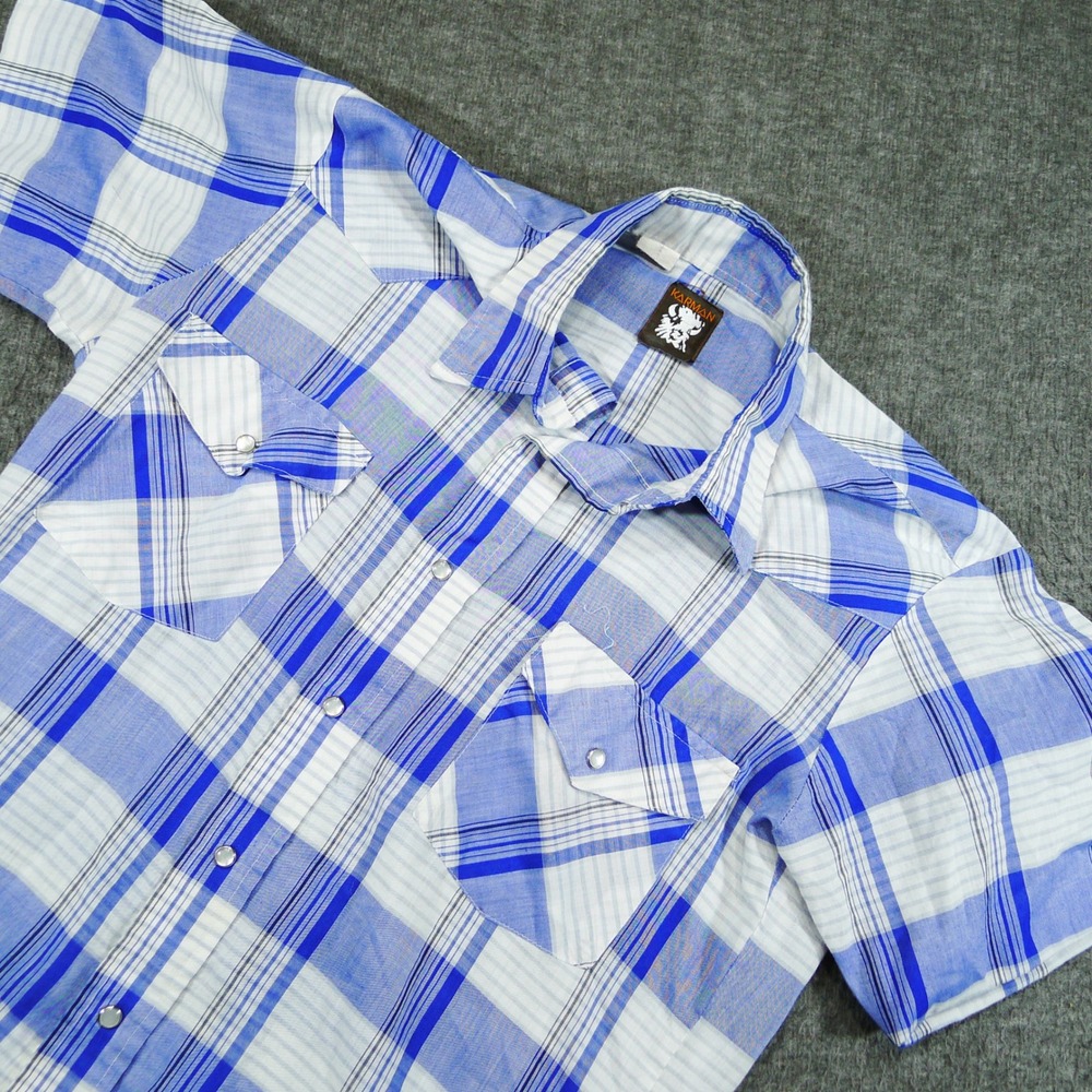 Vintage Karman Western Shirt Mens Medium Blue Plaid Pearl Snap Short Sleeve